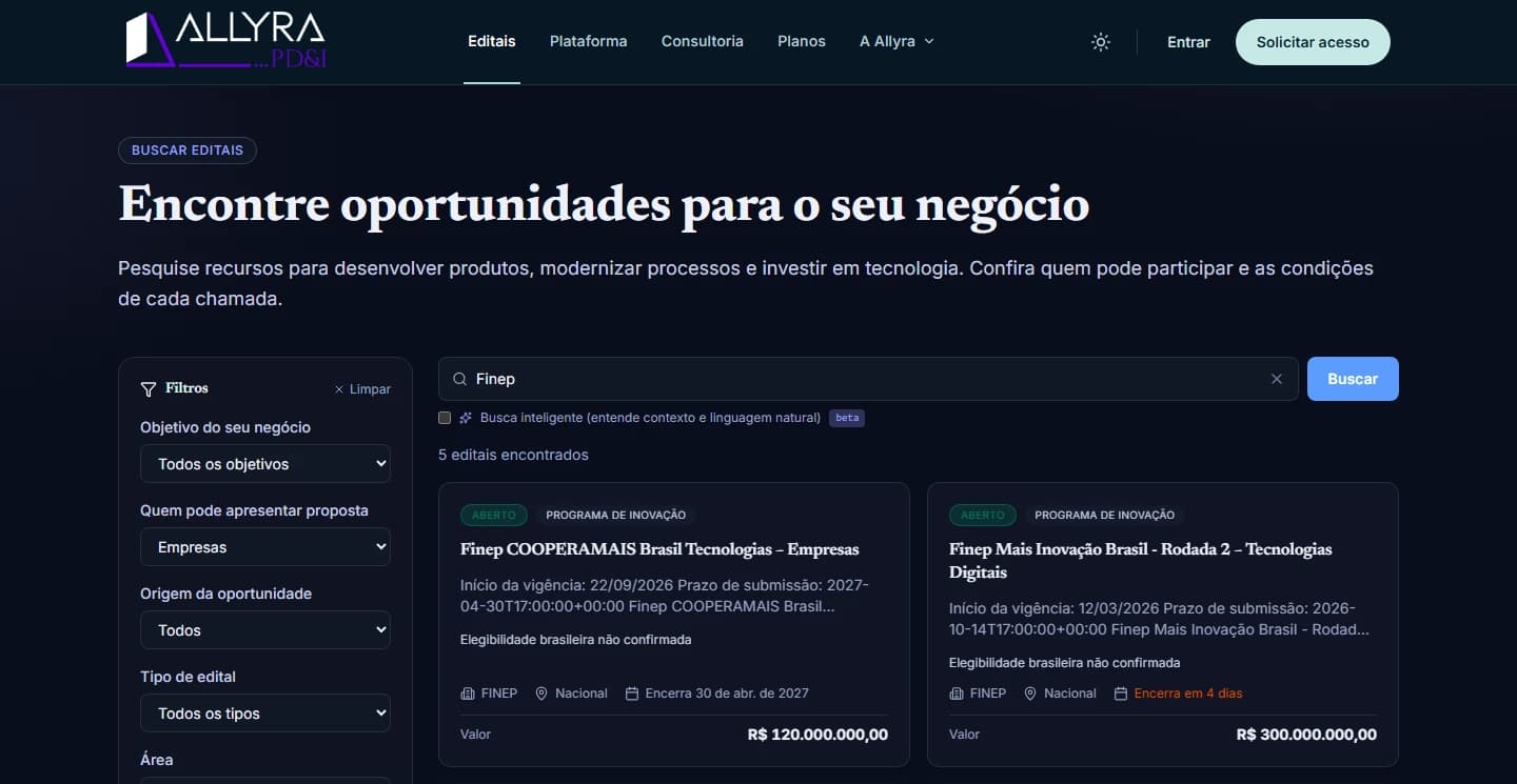 Tela real da Allyra com pesquisa, filtros de oportunidades e informações dos editais.